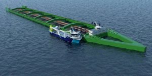 On the drawing board is a ship known as Havfarm (“Ocean Farm”), 430 metres in length and 54 metres wide, it will lay at anchor, fixed to the seafloor using the offshore industry’s technological solutions.