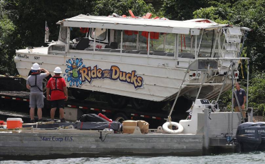 The Stretch Duck 7 is hauled out of the water in 2018 at Table Rock Lake in Branson, Mo. St. Louis Post-Dispatch — J.B. Forbes