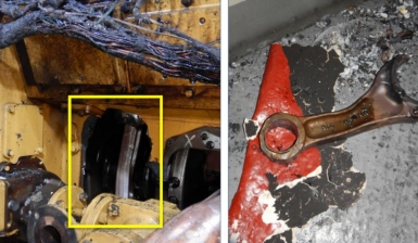 Damaged section of the engine (left) from where the connecting rod from the no. 3 DG (right) was ejected. (Credit: Oceaneering International)